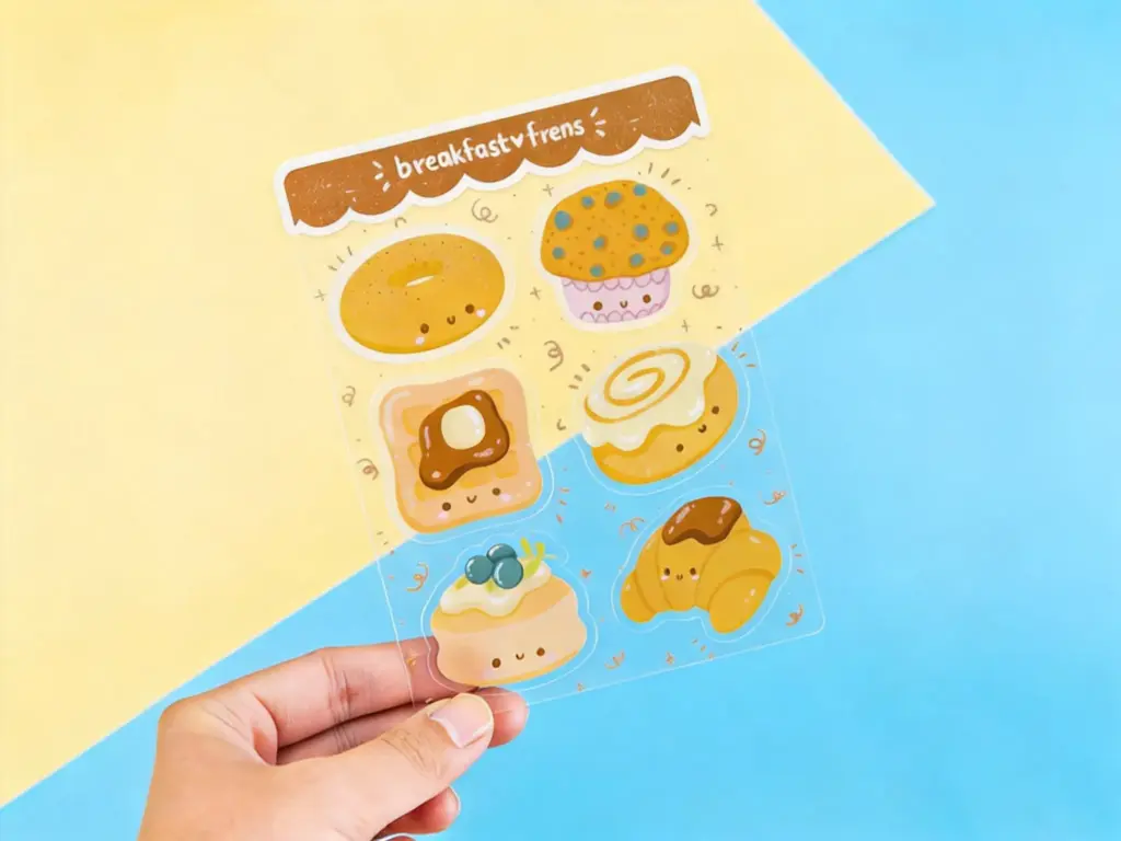 Crystal-clear transparent vinyl sticker sheet showing see-through effect on glass surface - Sticker Sheet Printing