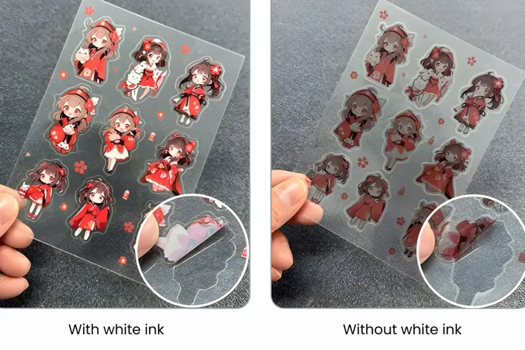 Clear sticker sheets comparison with and without white ink base layer for vivid colors - Sticker Sheet Printing
