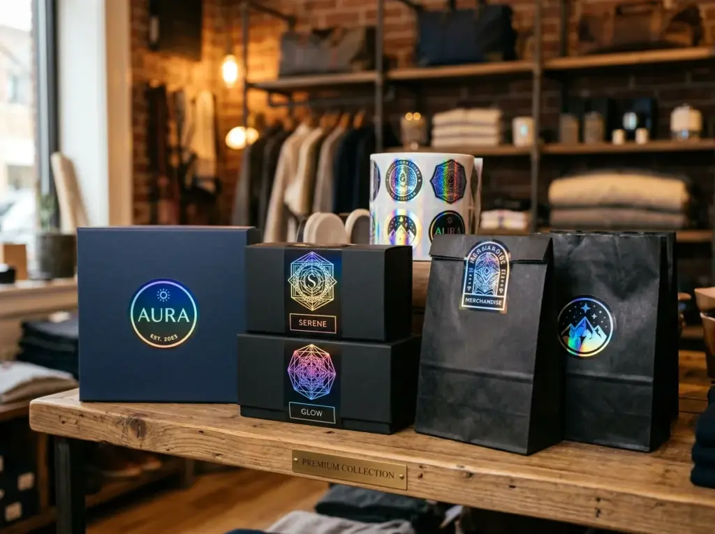 Holographic sticker sheets with premium rainbow finish on product packaging - Sticker Sheet Printing