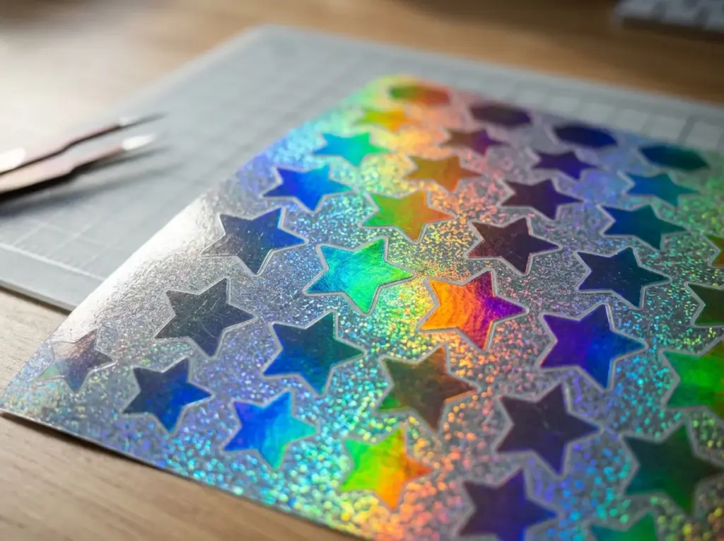 Holographic sticker sheet showing rainbow color-shift effect at different viewing angles - Sticker Sheet Printing