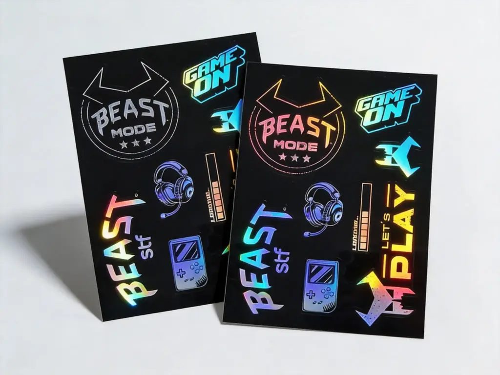 Custom holographic sticker sheets with rainbow prismatic effect showing vibrant full-color designs - Sticker Sheet Printing