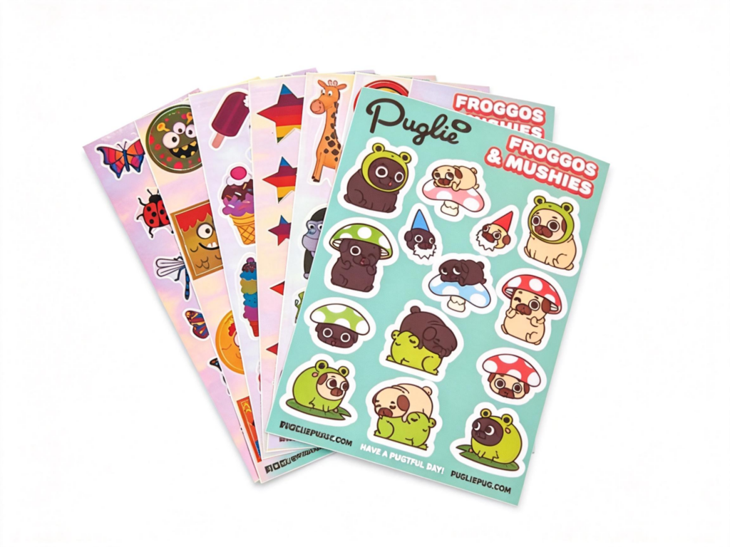 Full-color CMYK printed vinyl sticker sheets showing vibrant color reproduction on white vinyl - Sticker Sheet Printing