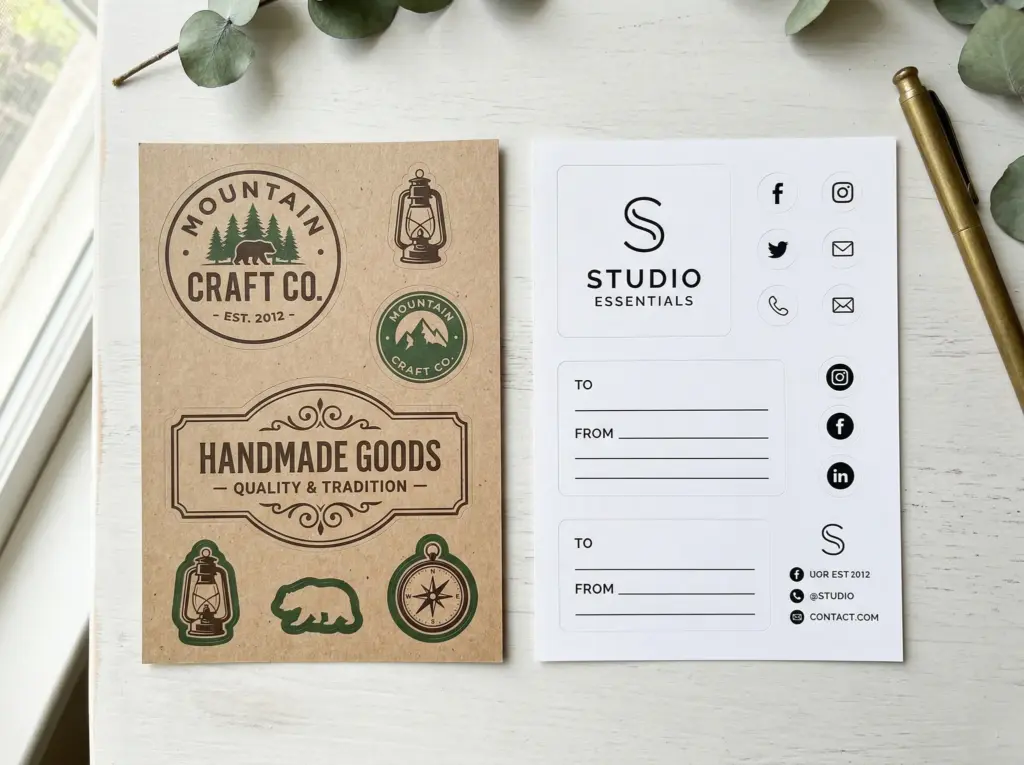 Brown kraft and white kraft sticker sheet options for different packaging brand styles - Sticker Sheet Printing