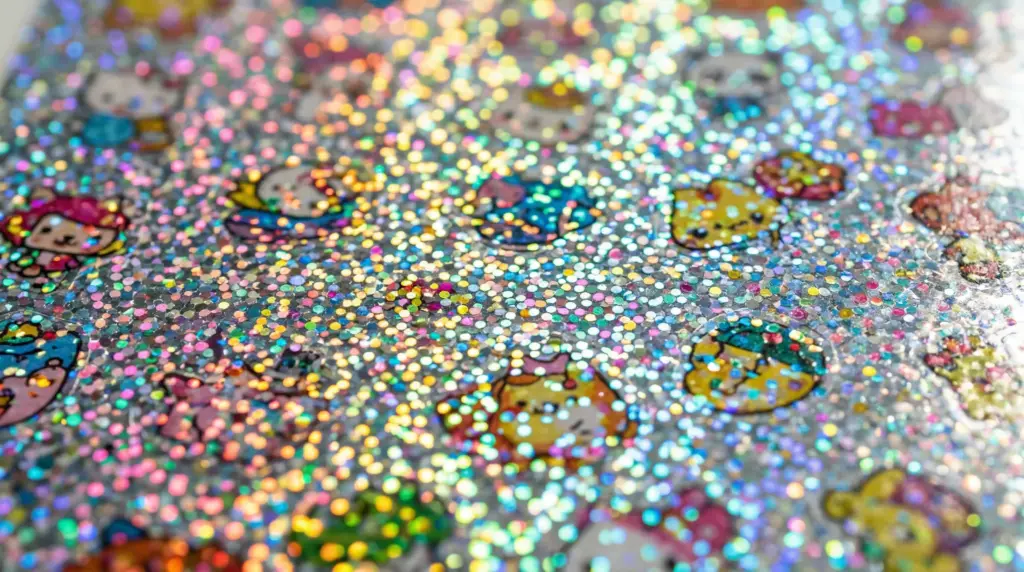 Glitter sticker sheets close-up showing sealed embedded glitter particles that won't flake - Sticker Sheet Printing