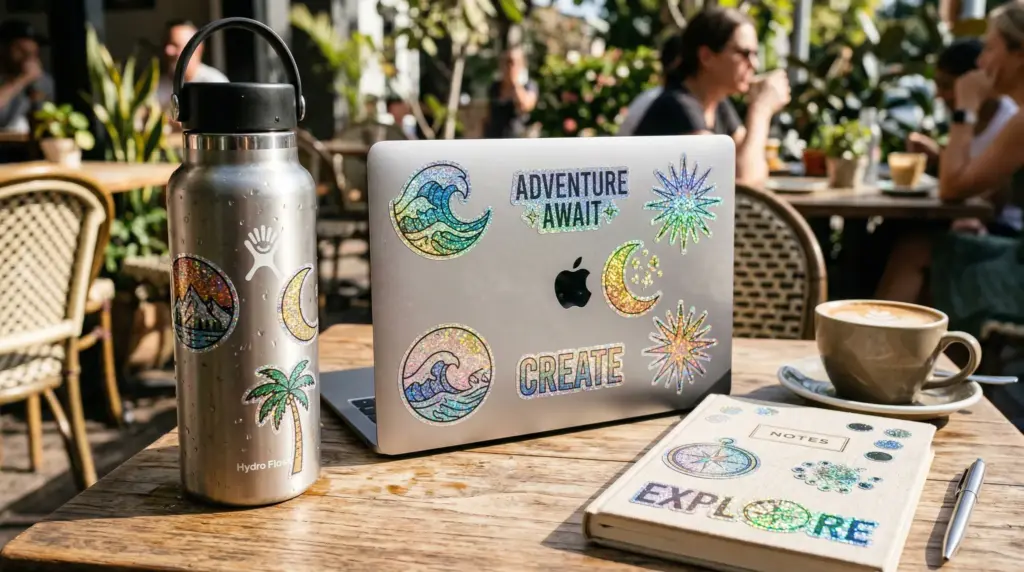 Glitter sticker sheets applied on outdoor surfaces showing waterproof weather-resistant durability - Sticker Sheet Printing