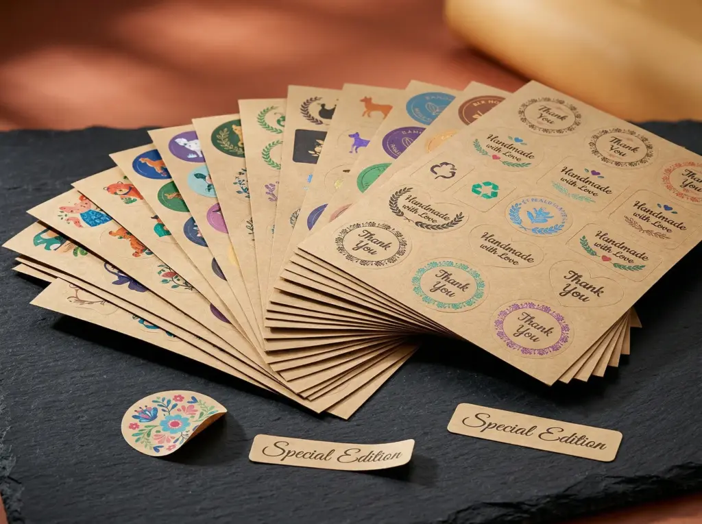 Custom kraft paper sticker sheets on handmade product packaging - Sticker Sheet Printing