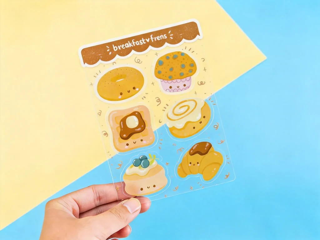 Crystal-clear transparent vinyl sticker sheet showing see-through effect on glass surface - Sticker Sheet Printing