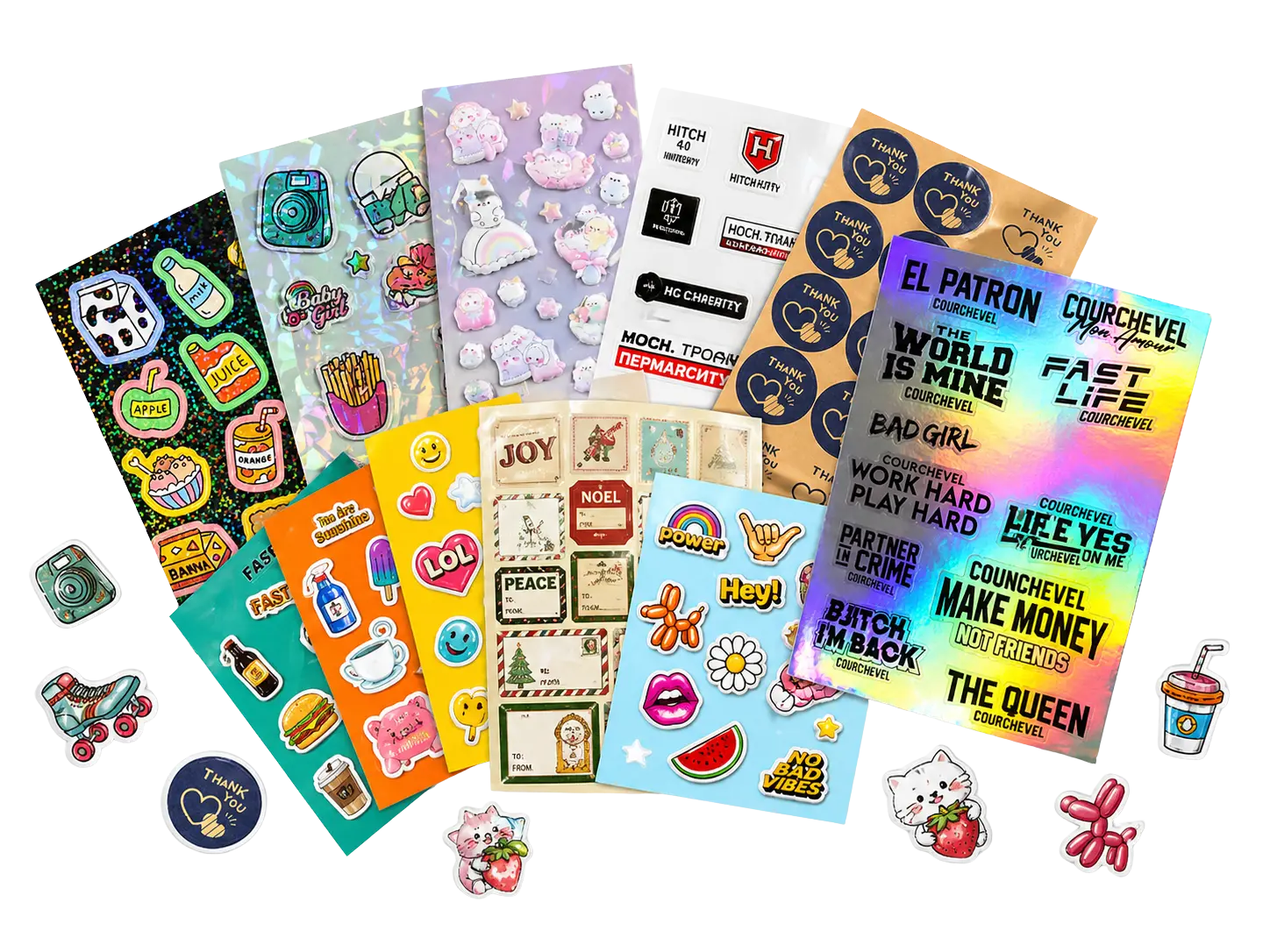 Custom sticker sheets with multiple designs showing precision kiss cut on premium vinyl material - Sticker Sheet Printing