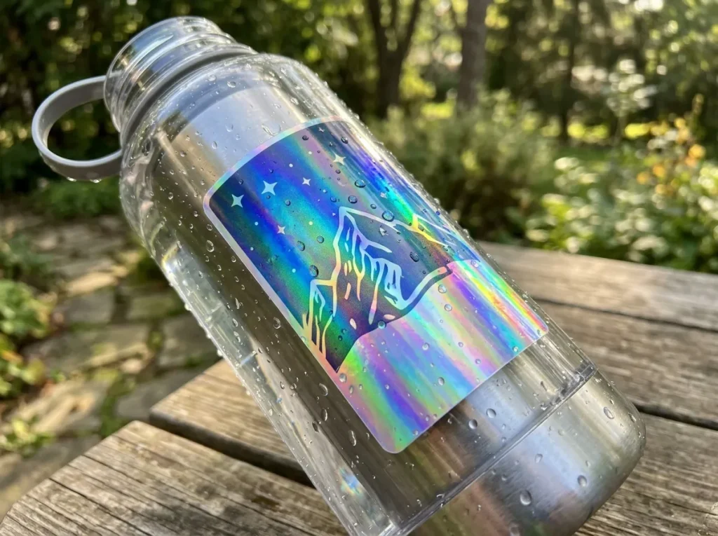 Waterproof holographic sticker sheet applied outdoors showing durable rainbow effect - Sticker Sheet Printing