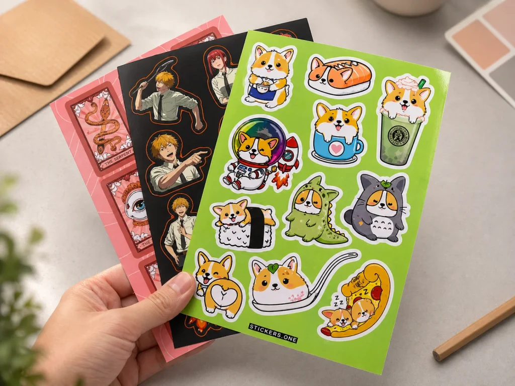 Vinyl sticker sheet with cute corgi illustration held in hand showcasing custom design - Sticker Sheet Printing