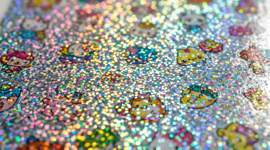 Glitter sticker sheets close-up showing sealed embedded glitter particles that won't flake - Sticker Sheet Printing