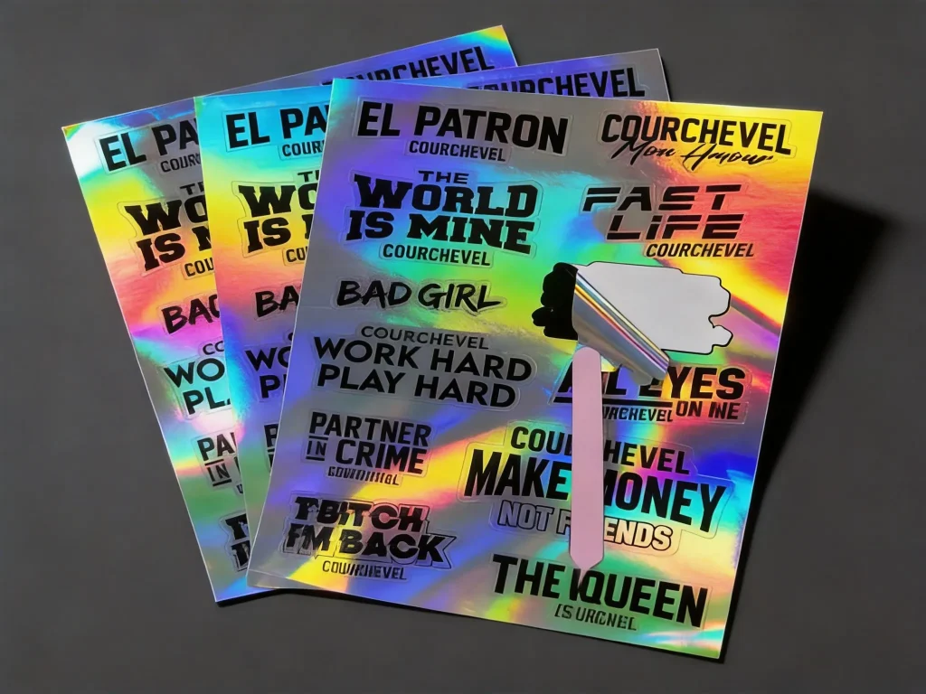 Holographic vinyl sticker sheets close-up showing print detail and rainbow reflection - Sticker Sheet Printing