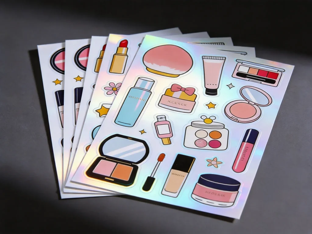 Custom holographic sticker sheet top-down view with visible holographic shimmer - Sticker Sheet Printing